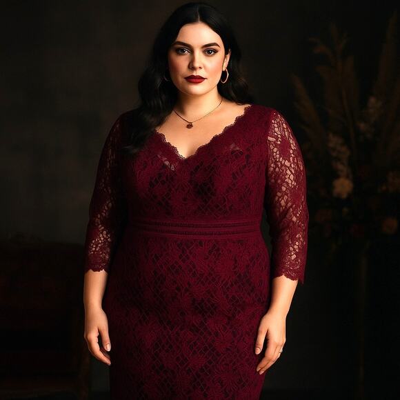 Tadasho Shoji Too Crochet Mesh Dress 24Q Whimsigoth Burgundy Romantic Glam Lace - Picture 2 of 12